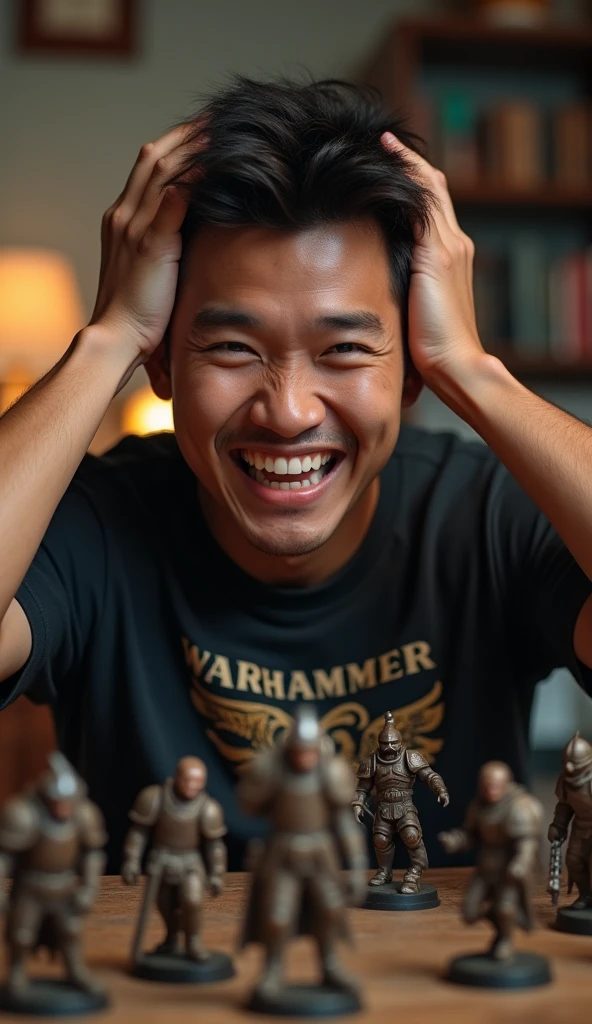 photorealistic, best quality, masterpiece, extremely detailed, front view, extremely handsome, 30 year old indonesian man, round face, muscular build, no facial hair, wearing warhammer tshirt, laughing, throws dice, hands on head, warhammer miniatures mid-game on the table, extremely romantic atmosphere, perfect face, perfect fingers, perfect hands, perfection