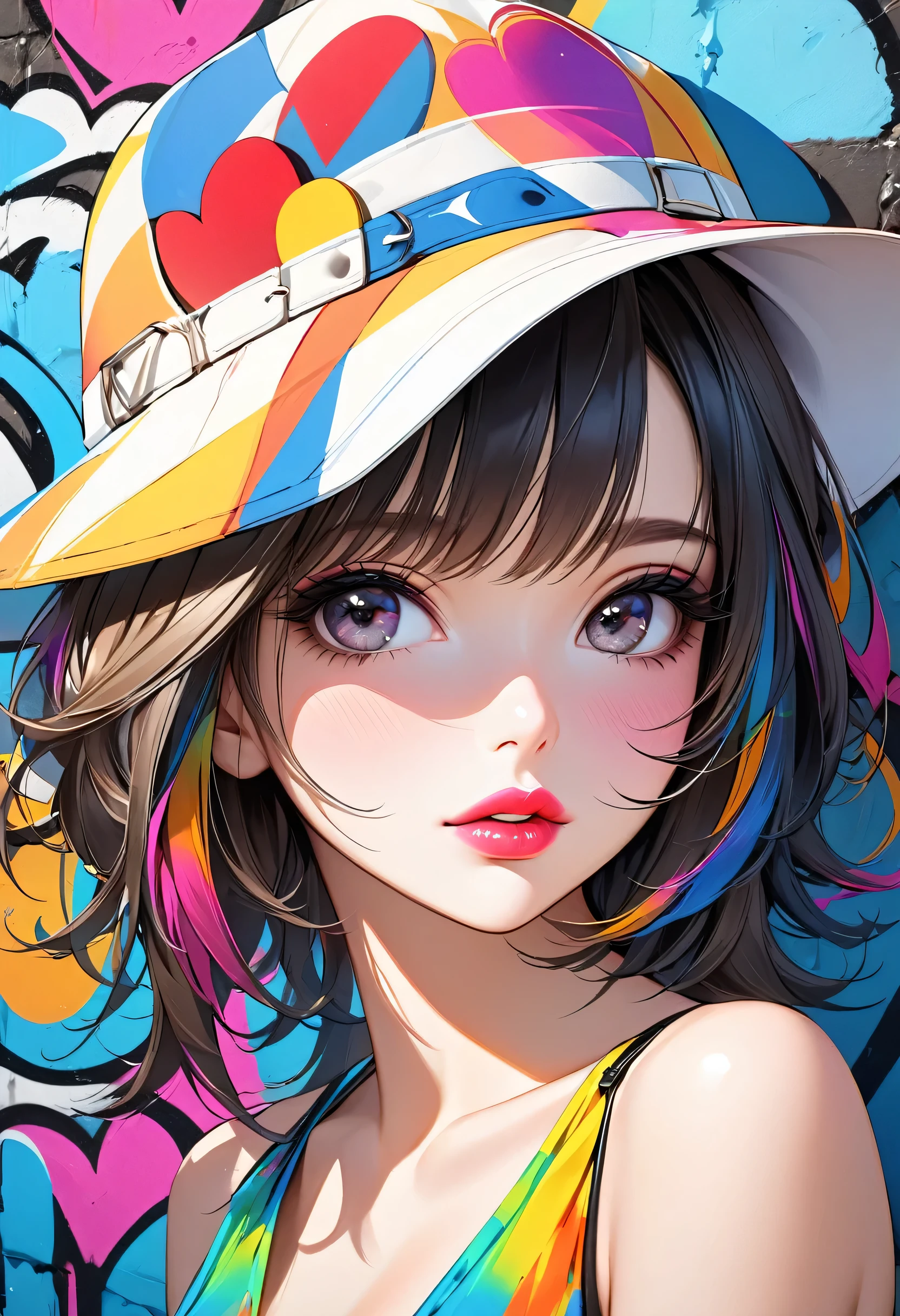 Ultra-realism Micho colorful style, Simple Line Initialism，Abstract art，(((The most beautiful girl of all time))), Sweet face. Lips in love, colorful hearts, stylish design, Summer beach fashion, Dark Eyes, Graffiti on the wall