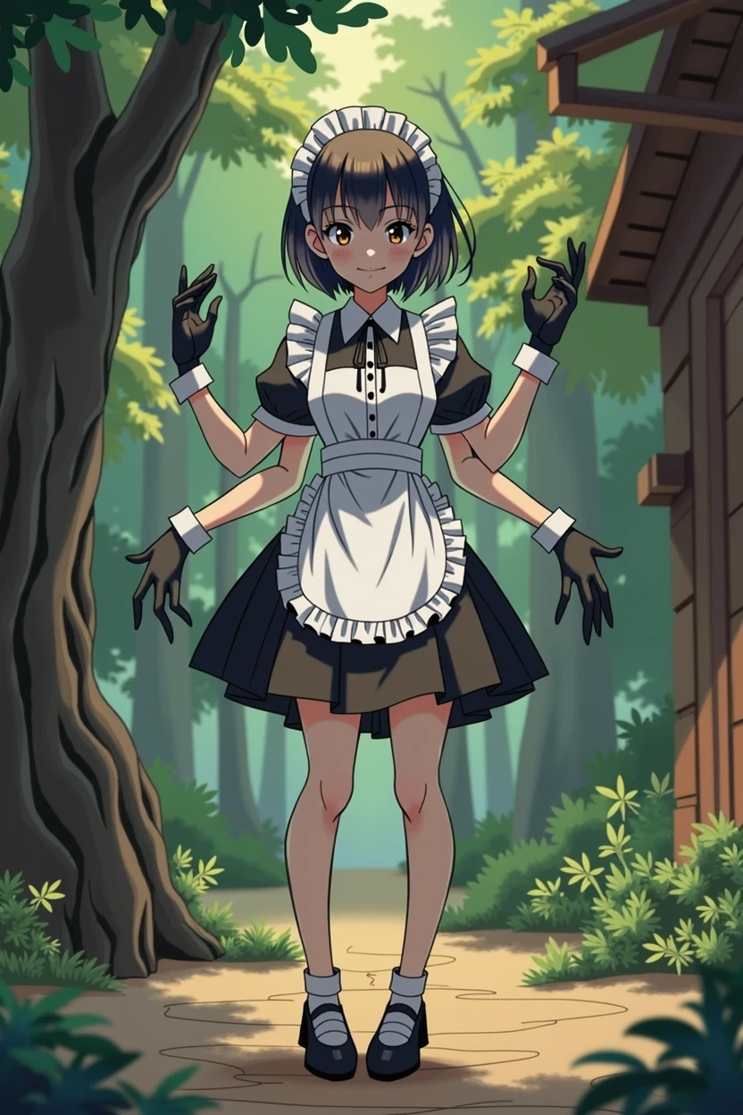 anime girl(Drawing style:"Skull girls"),short black hair,traditional maid outfit,three pairs of arms(the first pair being the normal arms,the second pair being by the ribs and the third pair a little above the hip),eyes dulled by black color,friendly smile,black gloves on each hand(in her 6 hands),normal breasts,hips a little wide,moderate backside.[localization:wooden cabin in the woods]