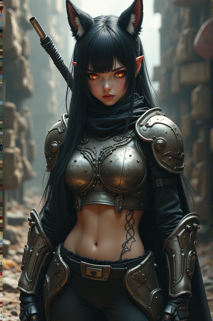masterpiece, 8k, high quality, 1 girl, dog ears, military, ballistic equipment, body armor, breastplate, (bags), red-gold eyes, stockings, gloves with metal plate, Long black-white hair, Riot shield