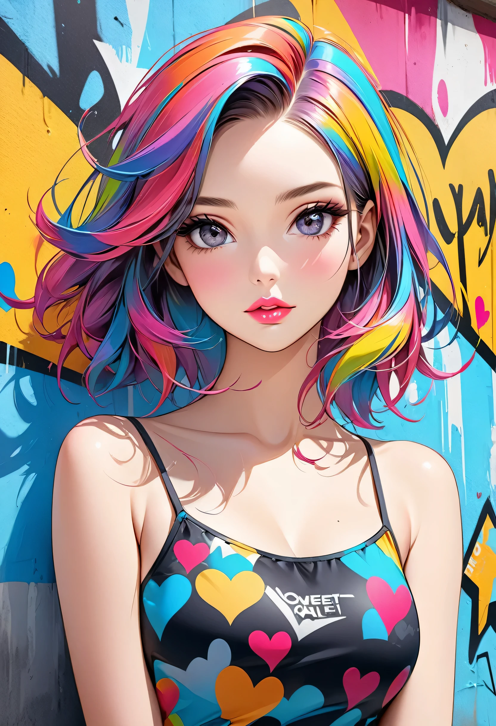 Ultra-realism Micho colorful style, Simple Line Initialism，Abstract art，(((The most beautiful girl of all time))), Sweet face. Lips in love, colorful hearts, stylish design, Summer beach fashion, Dark Eyes, Graffiti on the wall