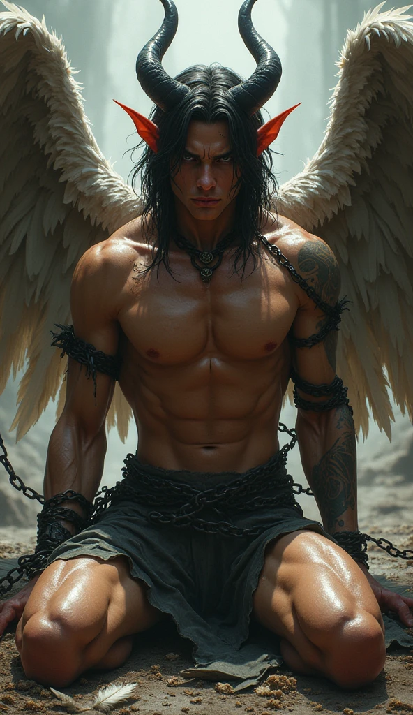 A beautiful devil captured by the angel army。Torn clothing。Dragon Feathers。Sitting on one's buttocks、Wide open crotch。Disheveled Hair。Bound in chains。