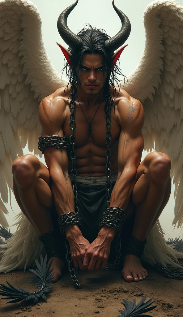 A beautiful devil captured by the angel army。Torn clothing。Dragon Feathers。Sitting on one's buttocks、Wide open crotch。Disheveled Hair。Bound in chains。