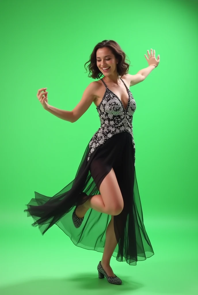 a girl in a black and white costume performing a jazz boogie-woogie dance, Against a light green background, photo, realistically, 4K