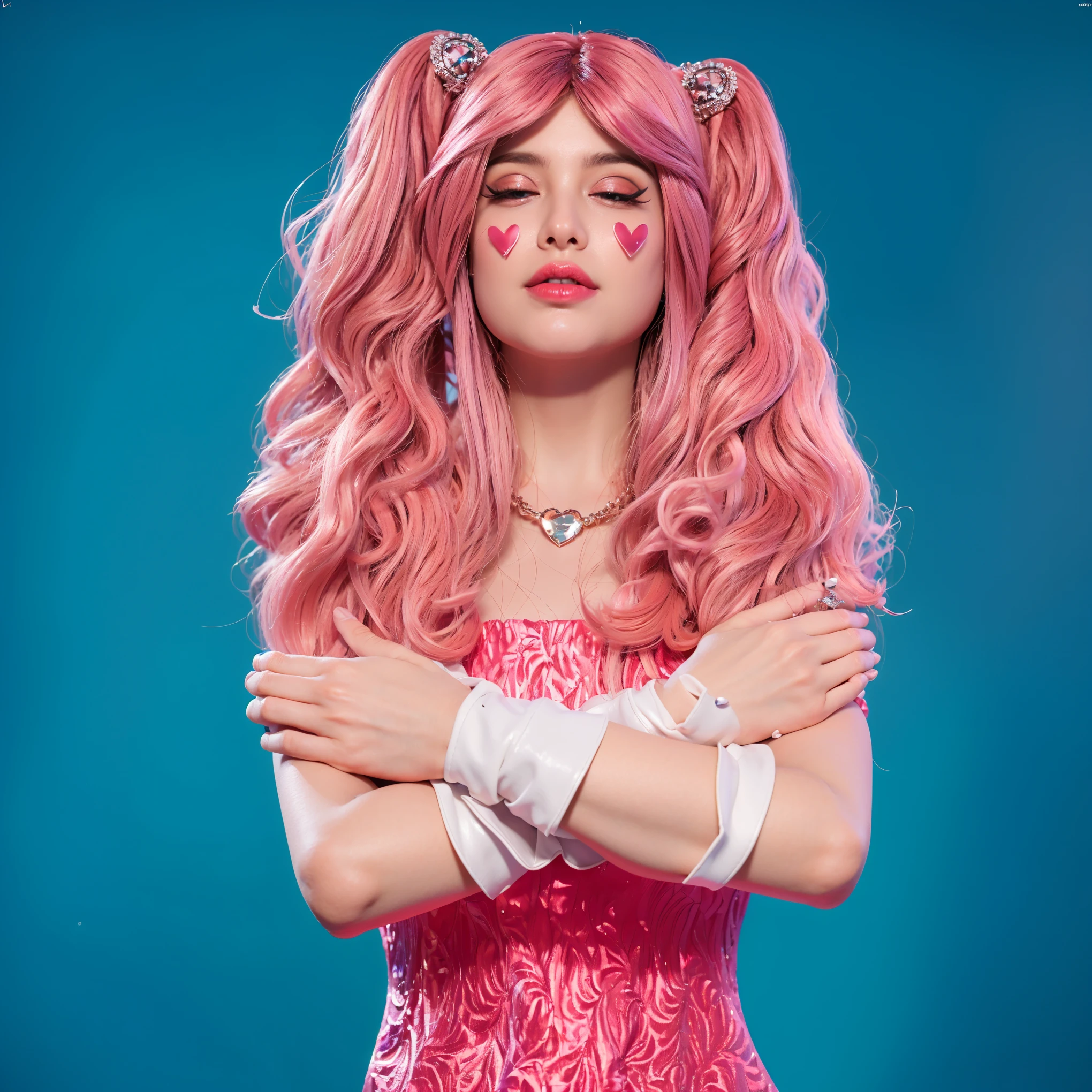 The image features a woman with striking pink hair styled in glamorous curls, lying on a futuristic, curved platform. She wears a pleated, coral pink dress and a sparkling necklace, enhancing her elegant appearance. Her makeup is dramatic, with deep pink shades that match her hair and dress, suggesting a very stylized or theatrical setting. She is surrounded by an array of vividly colored cosmetics and painting tools, emphasizing a creative or artistic theme. The overall composition combines elements of fashion and art, set against a minimalist purple background to focus attention on her and the array of colors around her. The purple background complements the costume, creating a vibrant and engaging scene. (glossy plastic texture with multiple big light probe refractions), perfect cgi, smooth silhouette, high intensity refraction, (super glossy plastic material), most beautiful vfx, , realistic, 4k, high resolution, rim light, smooth 3d model, multiple light sources, rim light, sharp post effects render,, realistic, 4k, high resolution, rim light detailed digital art, reflective, best quality, 4k, masterpiece:1.2, ultra-detailed, realistic, vivid colors, The image of the highest quality, ensuring every detail showcased perfectly. It in 4k resolution, allowing viewers to immerse themselves in the richness of the colors and intricate details. The realistic rendering. under the spotlight, reflecting, high-resolution image, realistic rendering