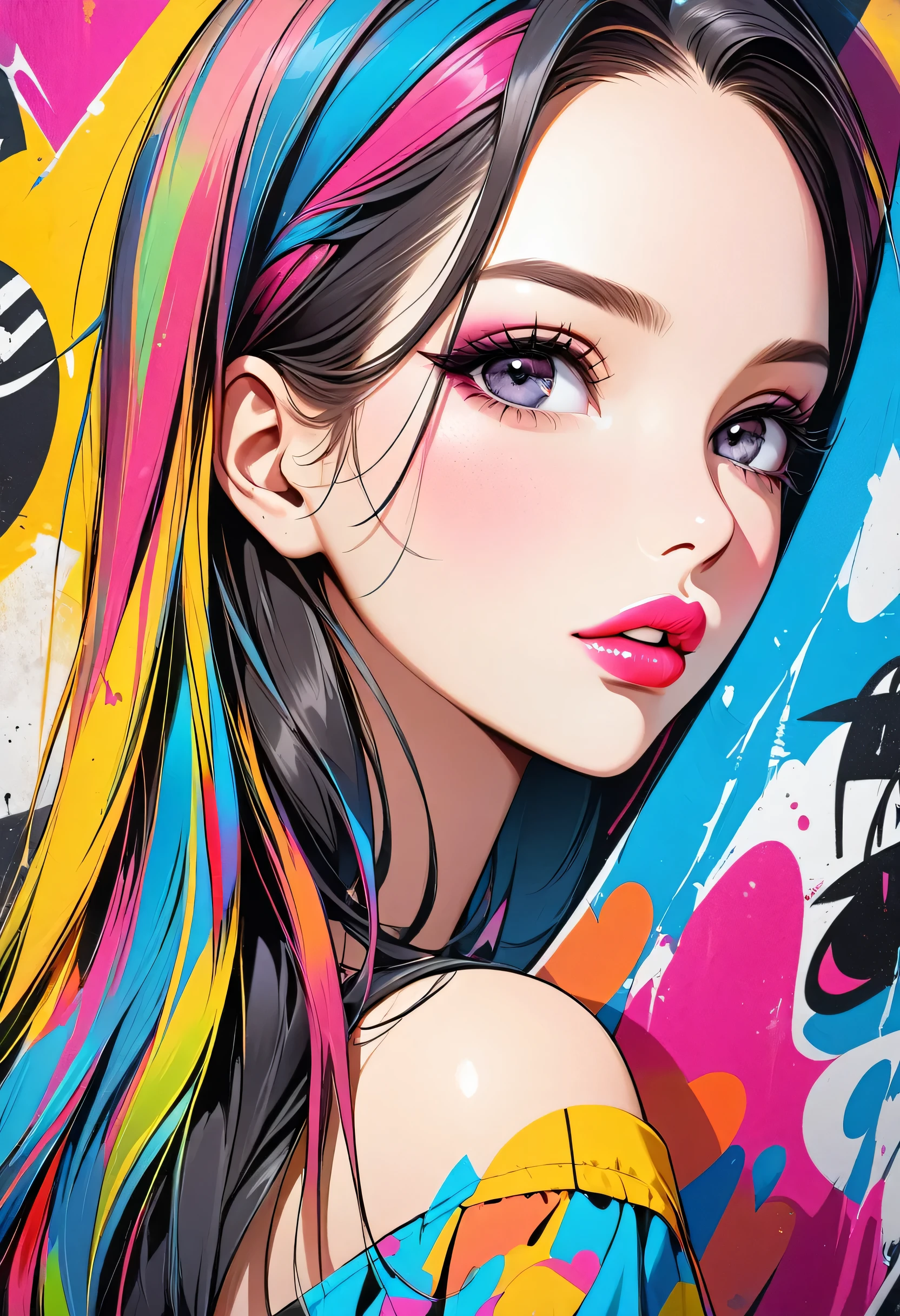 Ultra-realism Micho colorful style, Simple Line Initialism,Abstract art,(((The most beautiful girl of all time))), Sweet face. Lips in love, colorful hearts, stylish design, Summer beach fashion, Dark Eyes, Graffiti on the wall