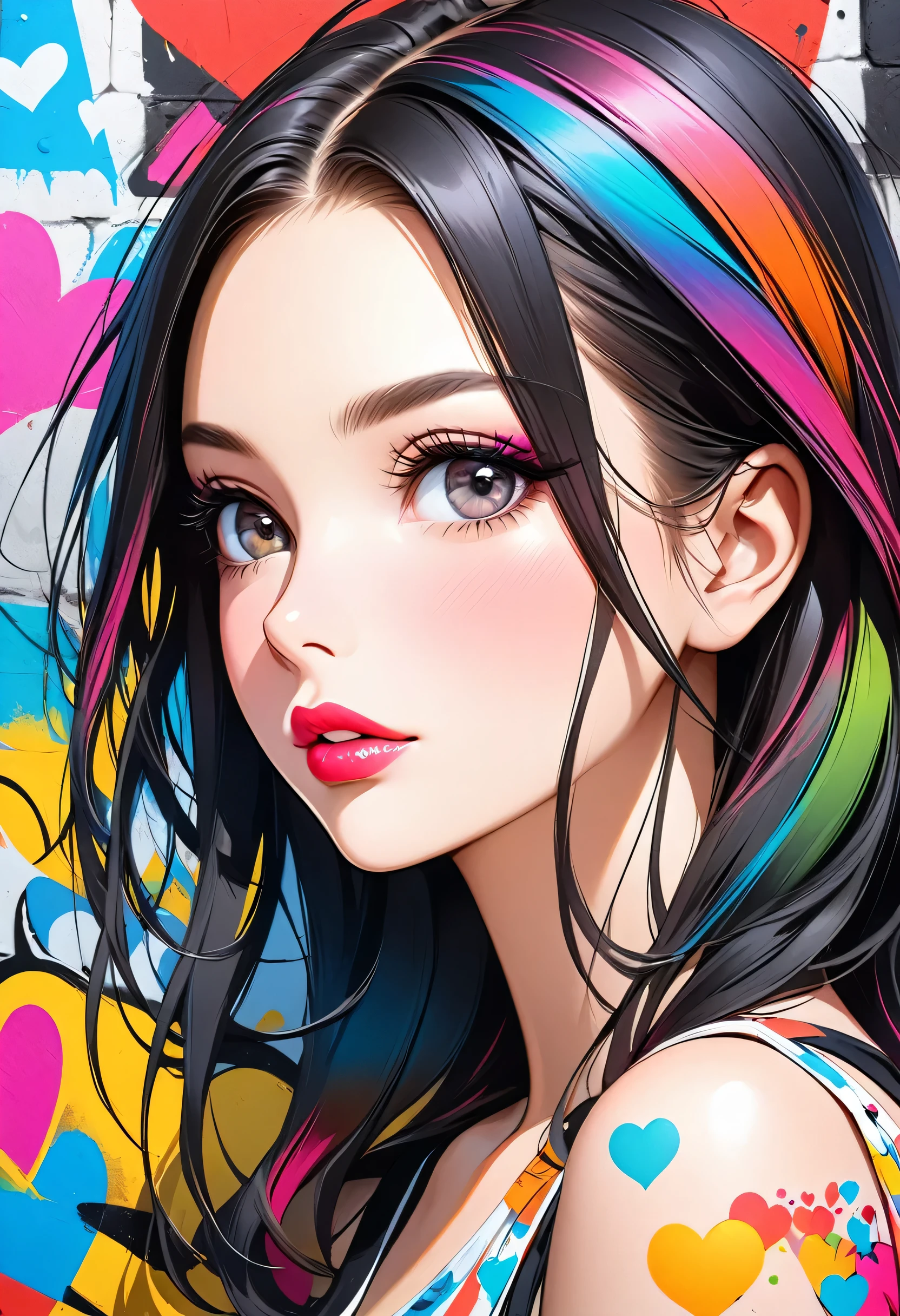 Ultra-realism Micho colorful style, Simple Line Initialism,Abstract art,(((The most beautiful girl of all time))), Sweet face. Lips in love, colorful hearts, stylish design, Summer beach fashion, Dark Eyes, Graffiti on the wall