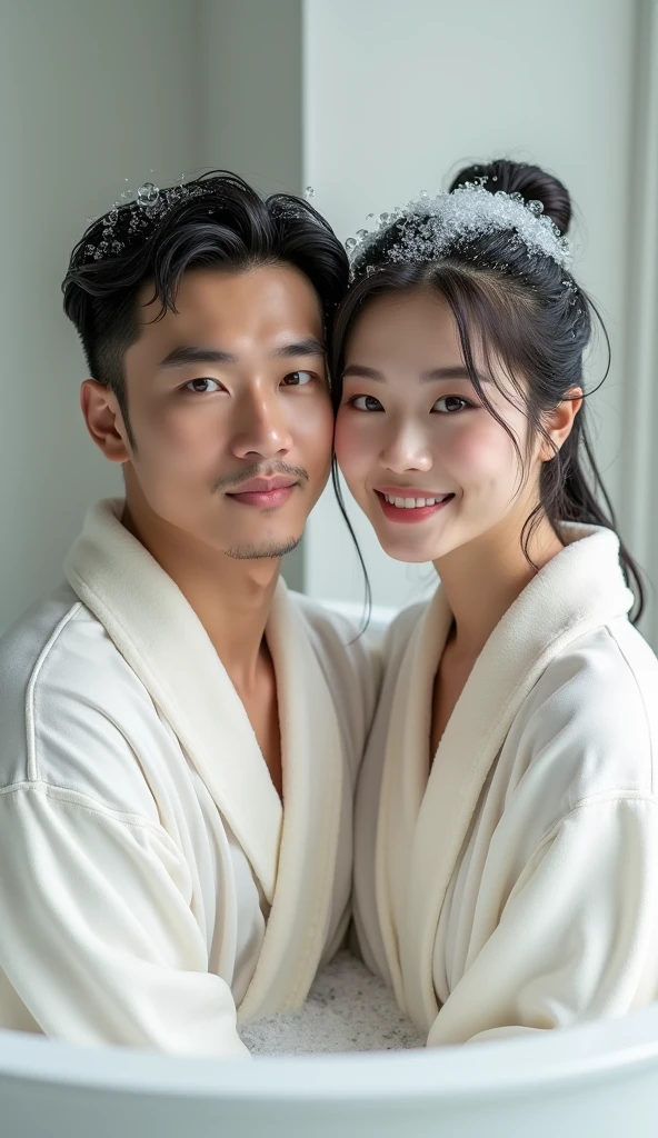 Create an Asian beauty and an Asian handsome man，Regular facial features，Wearing a white satin bathrobe，Scratch your scalp with both hands，Two hands washing hair on top of head，There is a lot of foam and water on the head，Foam wrap head，Real bubbles，Open your eyes，The expression is happy，The characters are realistic and realistic，Pure white bathroom background，Character front position，9:16 frames，Ultra-high-definition picture quality