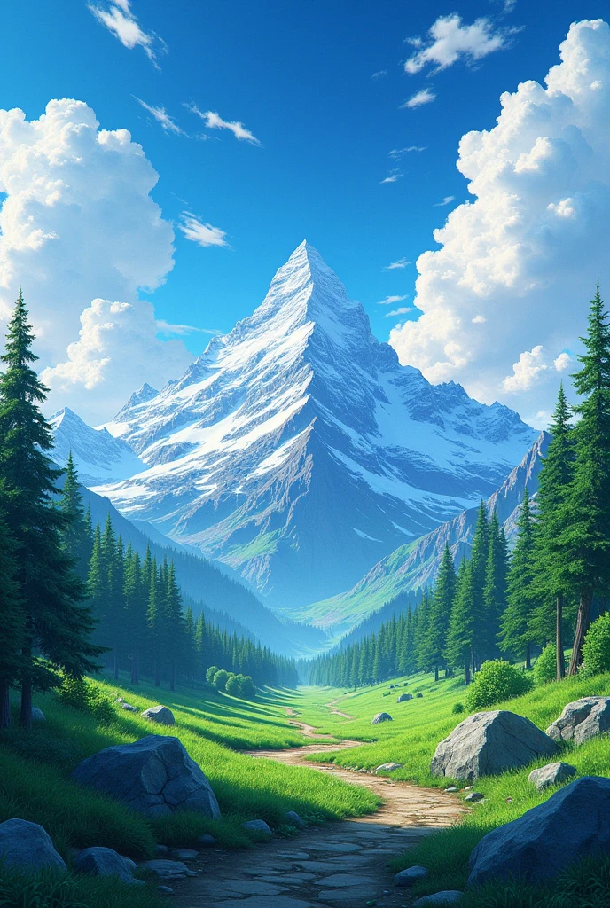 "Create a hyper-realistic image of a vibrant and scenic landscape as seen through a lens, resembling a Pokémon ball. The scene should feature a vivid blue sky with fluffy white clouds, snow-capped mountains in the background, and a lush green forest in the foreground. The colors should be bold and engaging, with sharp contrasts and realistic textures. The overall image should look like a snapshot from nature, focusing on rich details and making the landscape come alive."