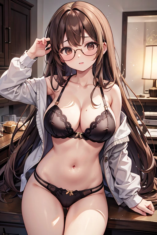 Long brown hair，Brown eyes，Glasses，，3-piece bra，underwear、Large Breasts