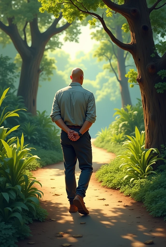 Bald Man, facing right, hands folded behind his back, walking down a path.