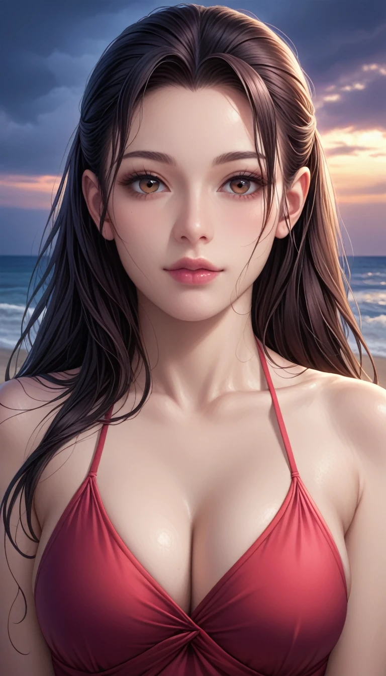 score_9, score_8_superior, score_7_superior, High-resolution CG illustration,A masterpiece in 32K resolution,Highest quality,it is really amazing,Very detailed,Ultra-high resolution,Ultra-realistic,Realistic,Increased depth of field,Cinematic lighting,
Sexy mature Japan woman,
Straight long hair with black hair,Showing his forehead,Ultra-detailed and beautiful face,Calm and gentle look,Beautiful brown eyes,Translucent white skin,Realistic skin texture,Great proportions,
Elegant red swimsuit,
Simple design,Chic color scheme based on red,Detailed fabric texture,
(Dark overcast sky on a dull night:1.1),(Dark clouds filling the sky:1.1),Thundercloud,Coastline at night,Stormy seas,delay々A desolate sandy beach that continues,
Beautiful cleavage,High angle,