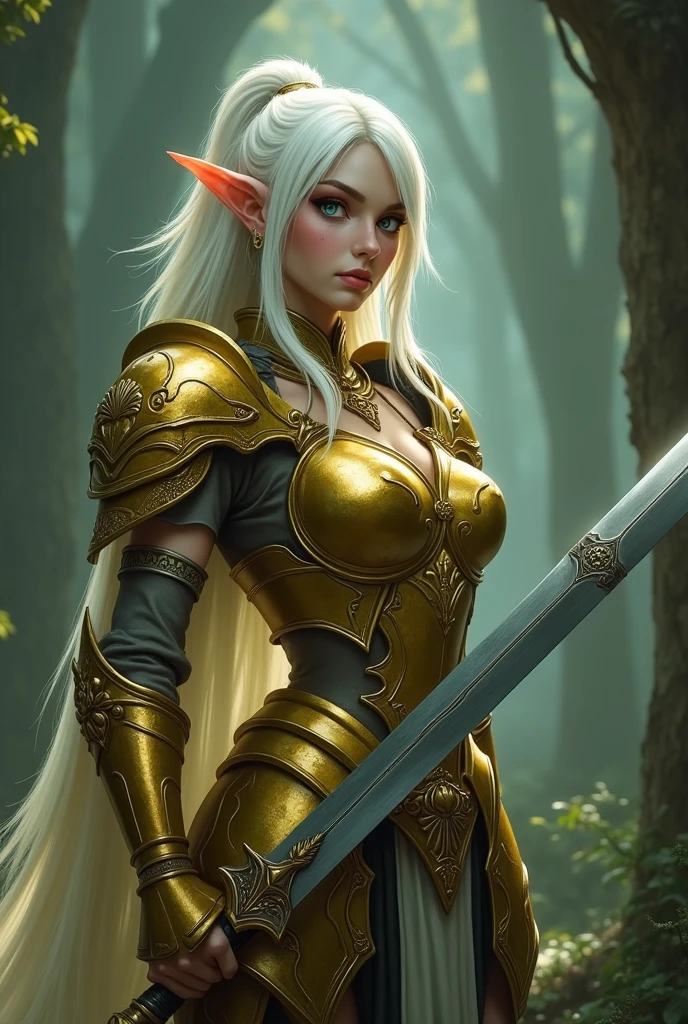 World of Warcraft Game Theme Image of a 32 year old White haired Elf Paladin standing holding her favorite sword,bright green eyes, He wore heavy armor of Bright Gold , dramatic tones. A masterpiece with the highest resolution. , Surrealist image type