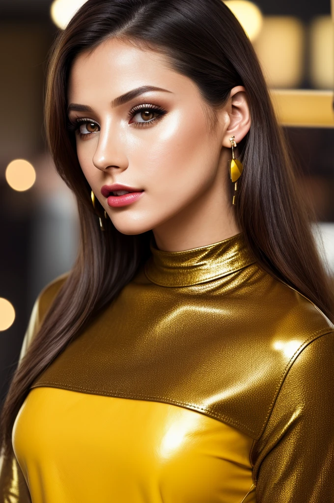 photo of seductive (emb_mcgoverneli:0.99), a woman as a sexy customer, closeup portrait, (tight yellow long sleeve Leather Brown t-shirt), (jeans), (in a department store:1.1), (masterpiece:1.5) (photorealistic:1.1) (bokeh) (best quality) (detailed skin texture pores hairs:1.1) (intricate) (8k) (HDR) (wallpaper) (cinematic lighting) (sharp focus), eyeliner, (painted lips), (earrings), (vivid atmosphere)