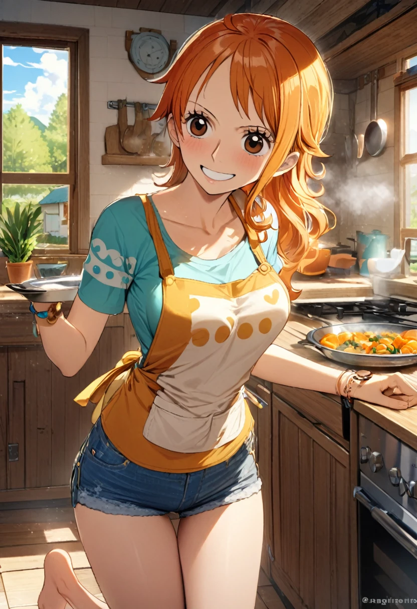 1girl, nami(one piece), one piece, kitchen setting, tangerine-themed dishes, apron, casual loose wear, denim shorts, bare feet, cooking utensils, rural house interior, sunny day through window, steam rising from food, radiant smile, calm expression, warm atmosphere, soft lighting, traditional kitchen elements, tangerine trees visible outside, masterpiece, best quality, absurdres, upper body shot
