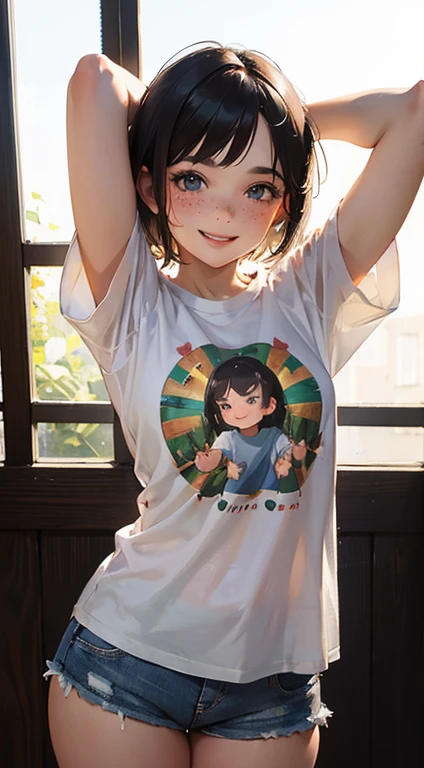 (best quality, masterpiece), 1 twenty years old woman, arms up hands behind head, smile, laughing, huge over-sized t-shirt, shorts, dark pixie haircut, freckles, blush, looking at viewer, cutesy, alluring eyes...