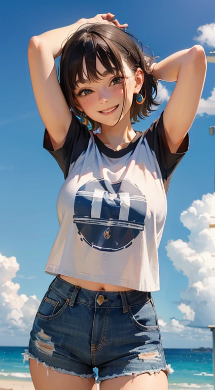 (best quality, masterpiece), 1 twenty years old woman, arms up hands behind head, smile, laughing, huge over-sized t-shirt, shorts, dark pixie haircut, freckles, blush, looking at viewer, cutesy, alluring eyes...