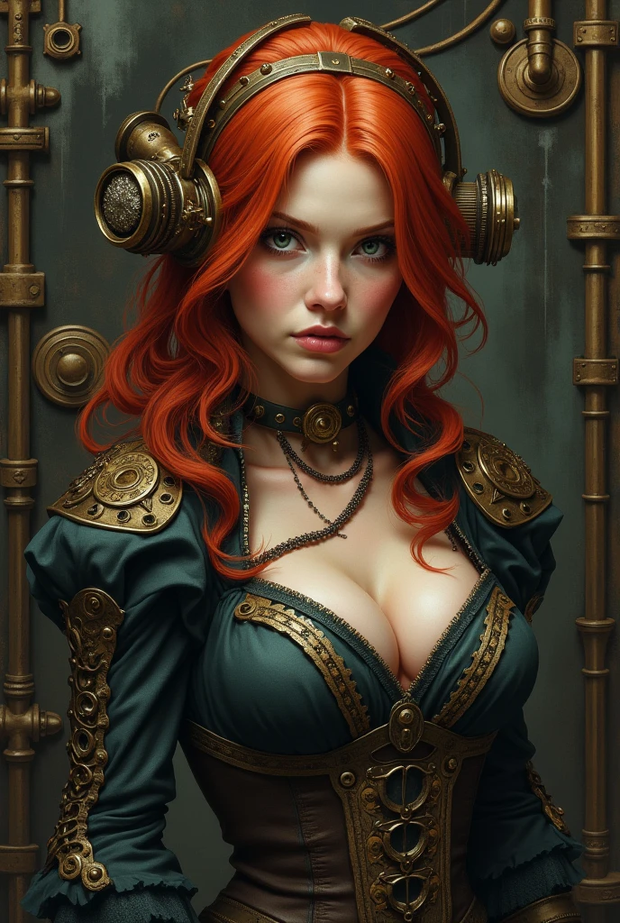 A steampunk redhead woman