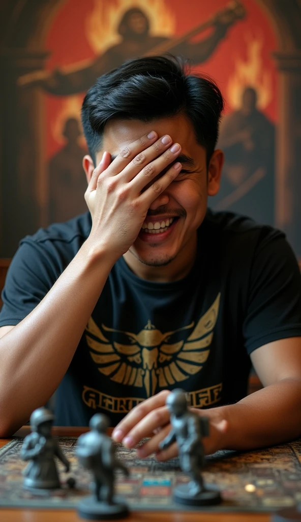 photorealistic, best quality, masterpiece, extremely detailed, front view, extremely handsome, 30 year old indonesian man, round face, muscular build, no facial hair, wearing warhammer tshirt, laughing, throws dice, one hand covers eyes, warhammer miniatures mid-game on the table, extremely romantic atmosphere, perfect face, perfect fingers, perfect hands, perfection