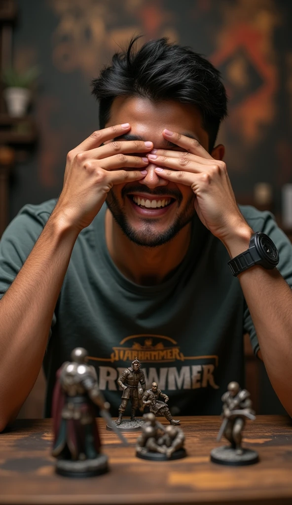 photorealistic, best quality, masterpiece, extremely detailed, front view, extremely handsome, 30 year old indonesian man, round face, muscular build, no facial hair, wearing warhammer tshirt, laughing out loud, throws dice, one hand covers eyes, warhammer space marines and plague marines miniatures mid-game on the table, extremely romantic atmosphere, perfect face, perfect fingers, perfect hands, perfection