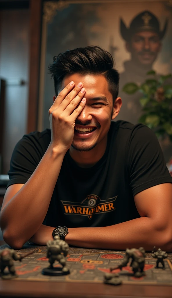 photorealistic, best quality, masterpiece, extremely detailed, front view, extremely handsome, 30 year old indonesian man, round face, muscular build, no facial hair, wearing warhammer tshirt, laughing, throws dice, one hand covers eyes, warhammer miniatures mid-game on the table, extremely romantic atmosphere, perfect face, perfect fingers, perfect hands, perfection