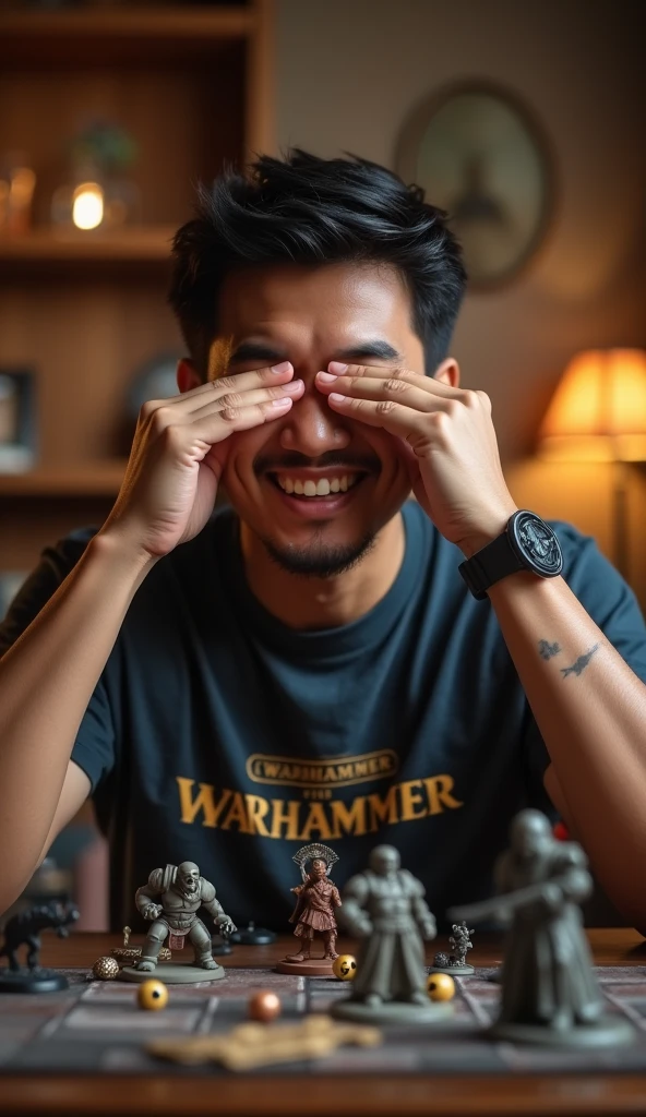 photorealistic, best quality, masterpiece, extremely detailed, front view, extremely handsome, 30 year old indonesian man, round face, muscular build, no facial hair, wearing warhammer tshirt, laughing out loud, throws dice, one hand covers eyes, warhammer miniatures mid-game on the table, extremely romantic atmosphere, perfect face, perfect fingers, perfect hands, perfection