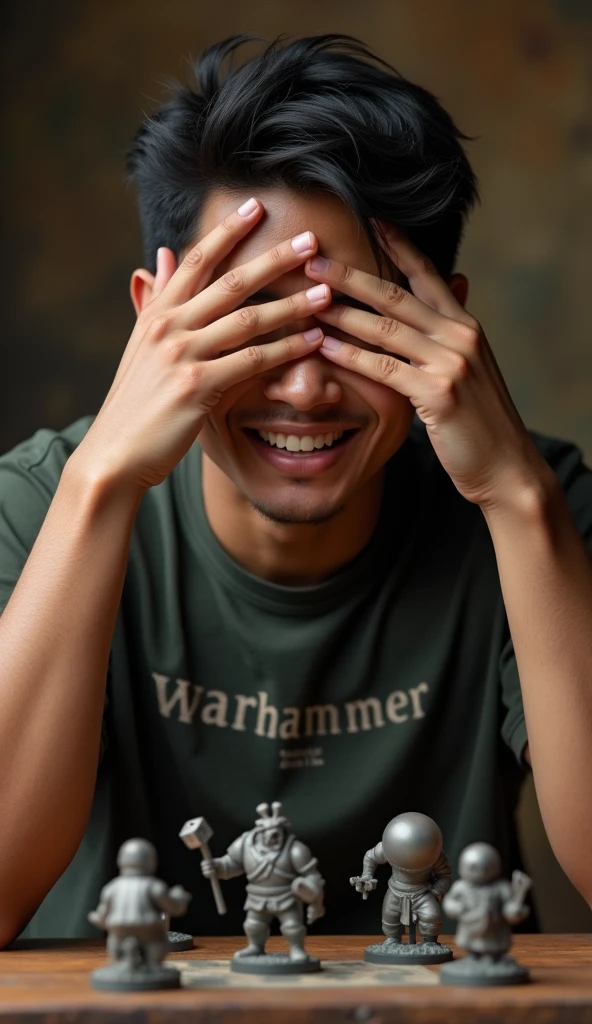 photorealistic, best quality, masterpiece, extremely detailed, front view, extremely handsome, 30 year old indonesian man, round face, muscular build, no facial hair, wearing warhammer tshirt, laughing out loud, throws dice, one hand covers eyes, warhammer miniatures mid-game on the table, extremely romantic atmosphere, perfect face, perfect fingers, perfect hands, perfection