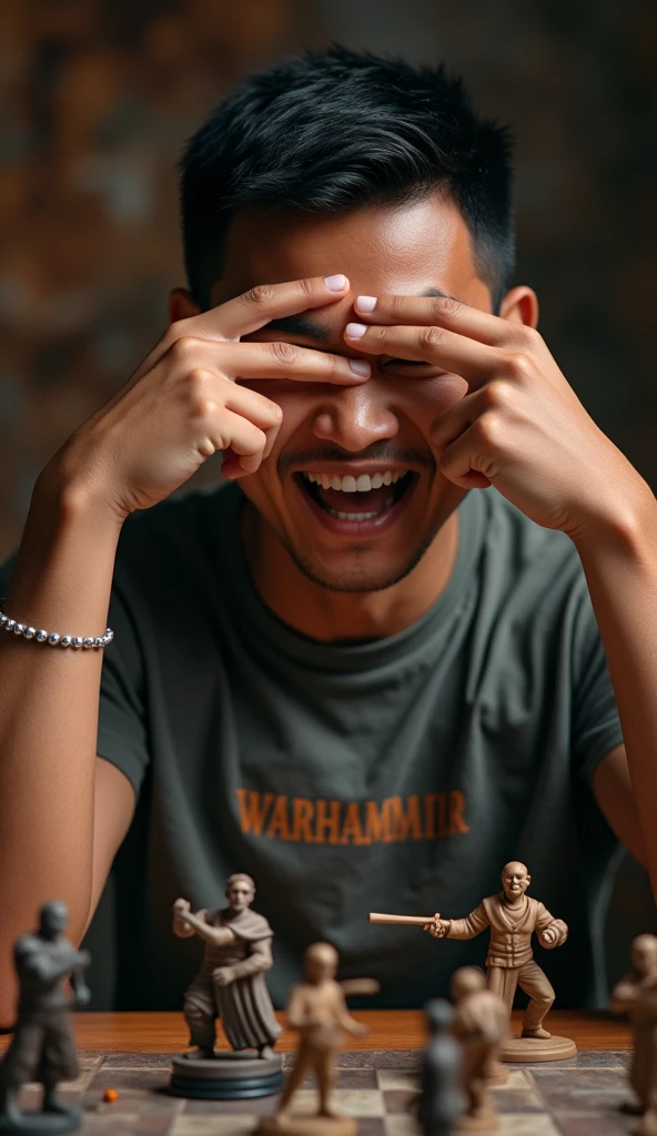photorealistic, best quality, masterpiece, extremely detailed, front view, extremely handsome, 30 year old indonesian man, round face, muscular build, no facial hair, wearing warhammer tshirt, laughing out loud, throws dice, one hand covers eyes, warhammer miniatures mid-game on the table, extremely romantic atmosphere, perfect face, perfect fingers, perfect hands, perfection