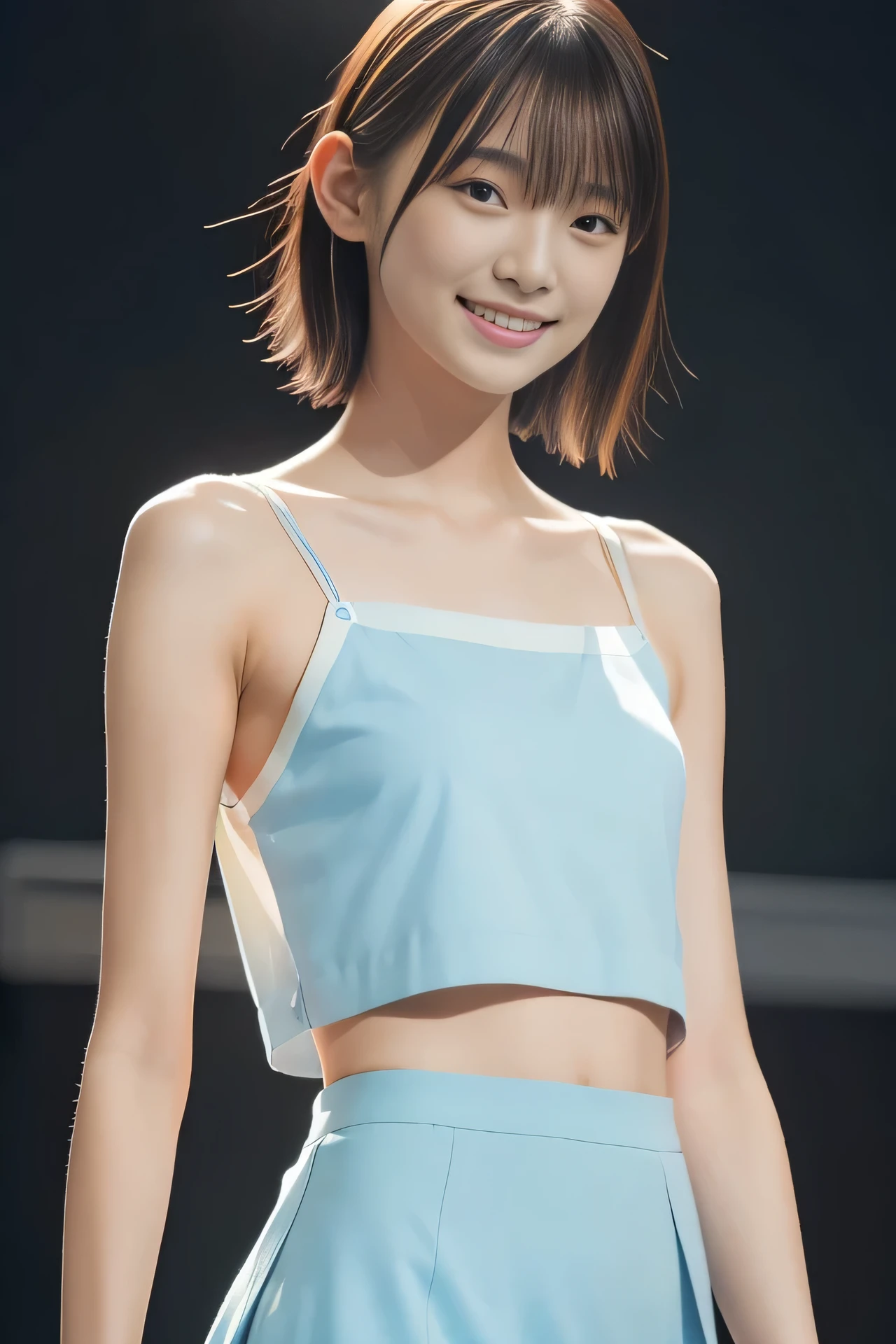 Photorealistic, Ultra-detailed, (Best Quality, 8K, 32K, masterpiece, UHD:1.2), Photo of 19yo pretty Japanese model walking the runway of a fashion show, (pale blue camisole mini dress), bare shoulders, delicate figure, skinny, flat chest, narrow waist, blurry background, blurry, short hair, stage, runway, backlighting, stage lights, rays, evil smile, from below,