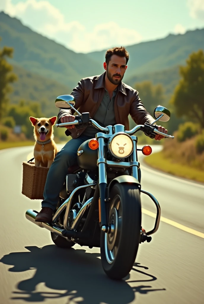 Image 5k with a man riding a motorcycle and a small yellow dog that says MR.Morgan