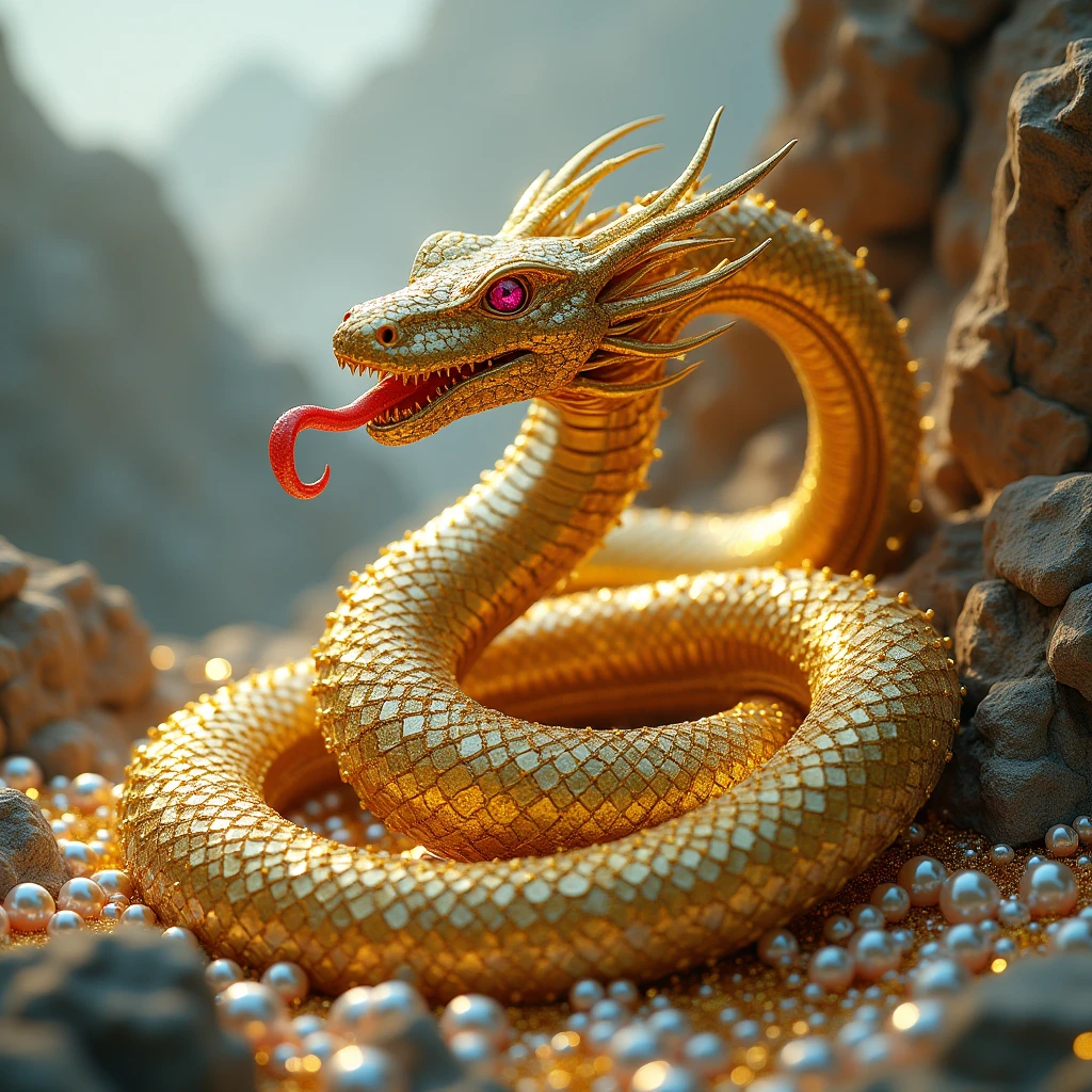 dans une montagne d'or, de saphire et beaucoup de perle, un serpent en or avec des ecaille en perle, des yeux en rubis, langue en fil de feu