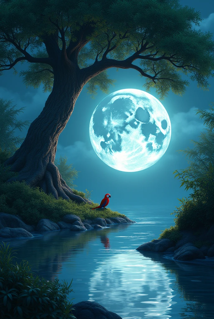 A full moon, large and prominent in the sky, with water flowing in front of it, creating a nighttime scene.Greeno tree big leafes are reaching out in front of the moon.and a parrot looking in the image