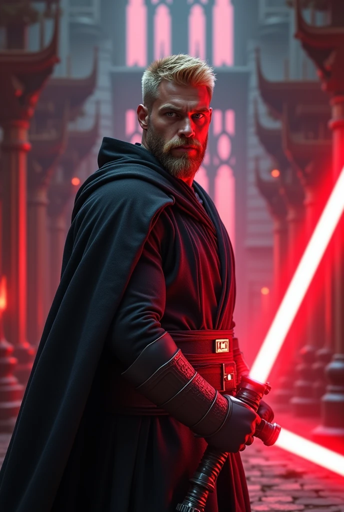 A muscular young man in sith clothing, blonde hair, Blonde short beard, long pants, magical castle, detailed face, highly detailed, 8k, photorealistic, dramatic lighting, fantasy, cinematic, lush colors, intricate details, Red lightsaber