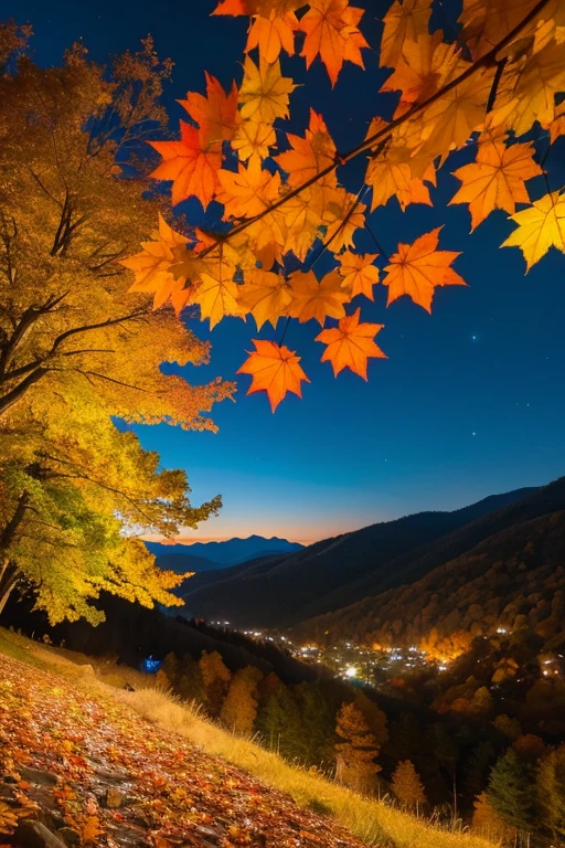 Mountain、autumn leaves、night