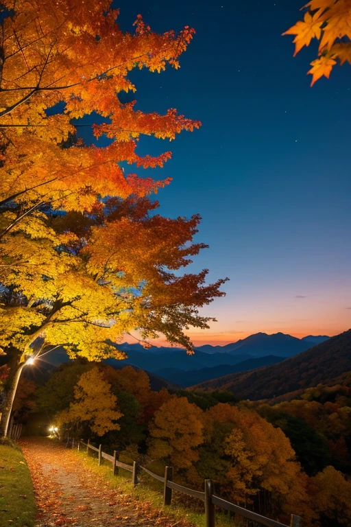 Mountain、autumn leaves、night