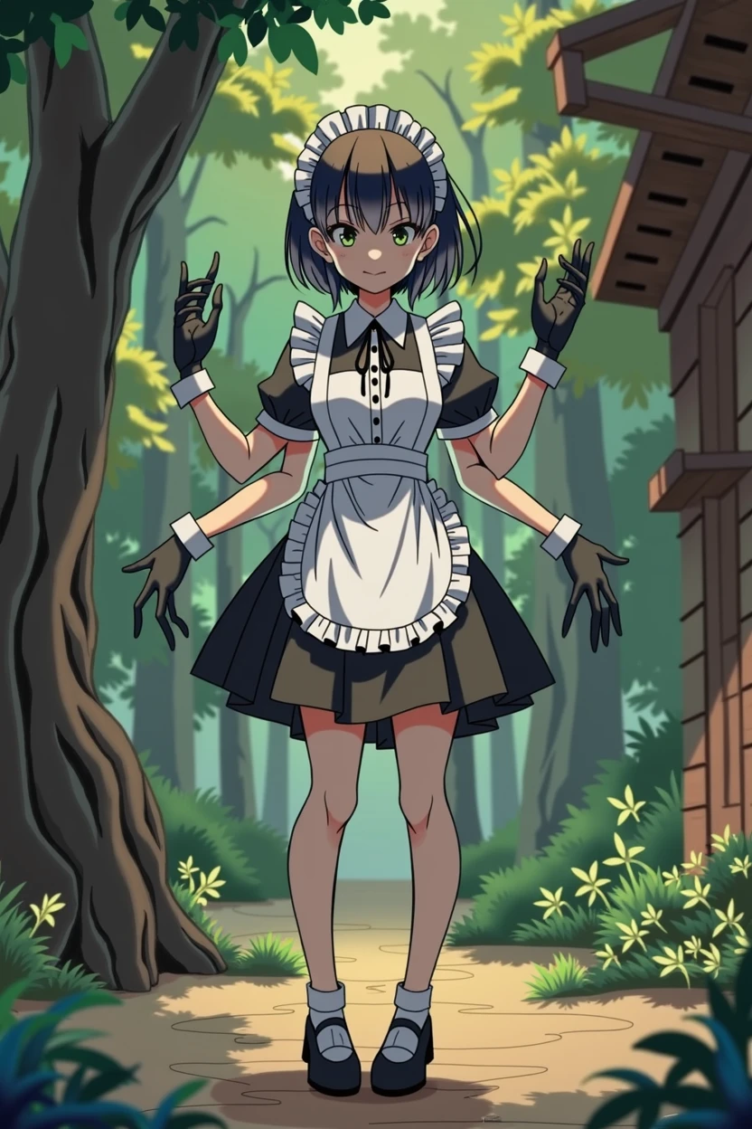 anime girl(Drawing style:"Skull girls"),short black hair,traditional maid outfit,three pairs of arms(the first pair being the normal arms,the second pair being by the ribs and the third pair a little above the hip),eyes dulled by black color,friendly smile,black gloves on each hand(in her 6 hands),normal breasts,hips a little wide,moderate backside.[localization:wooden cabin in the woods]