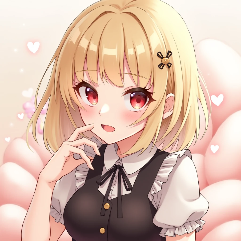 Blonde bob with red eyes anime style illustration!
Cute black outfit!Frills!
Make it a soft, fluffy illustration
With blunt, choppy bob bangs