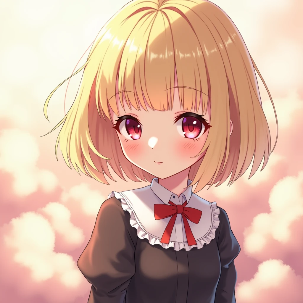 Blonde bob with red eyes anime style illustration!
Cute black outfit!Frills!
Make it a soft, fluffy illustration
With blunt, choppy bob bangs