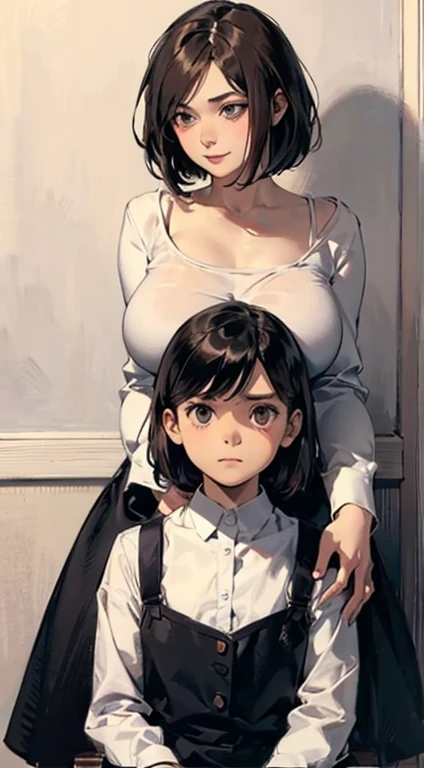 {two girls}, {adult and child}, {large age difference}, {10 year old girl, petite, short hair, black hair, bob cut, red camisole, white long sleeve shirt}, {25 year old woman, beautiful figure, large breasts, black dress, brown hair, very long hair}, big woman resting her breasts on little girl's head from behind,  looks dissatisfied, big woman grinning,Illustrations like those in TV anime,