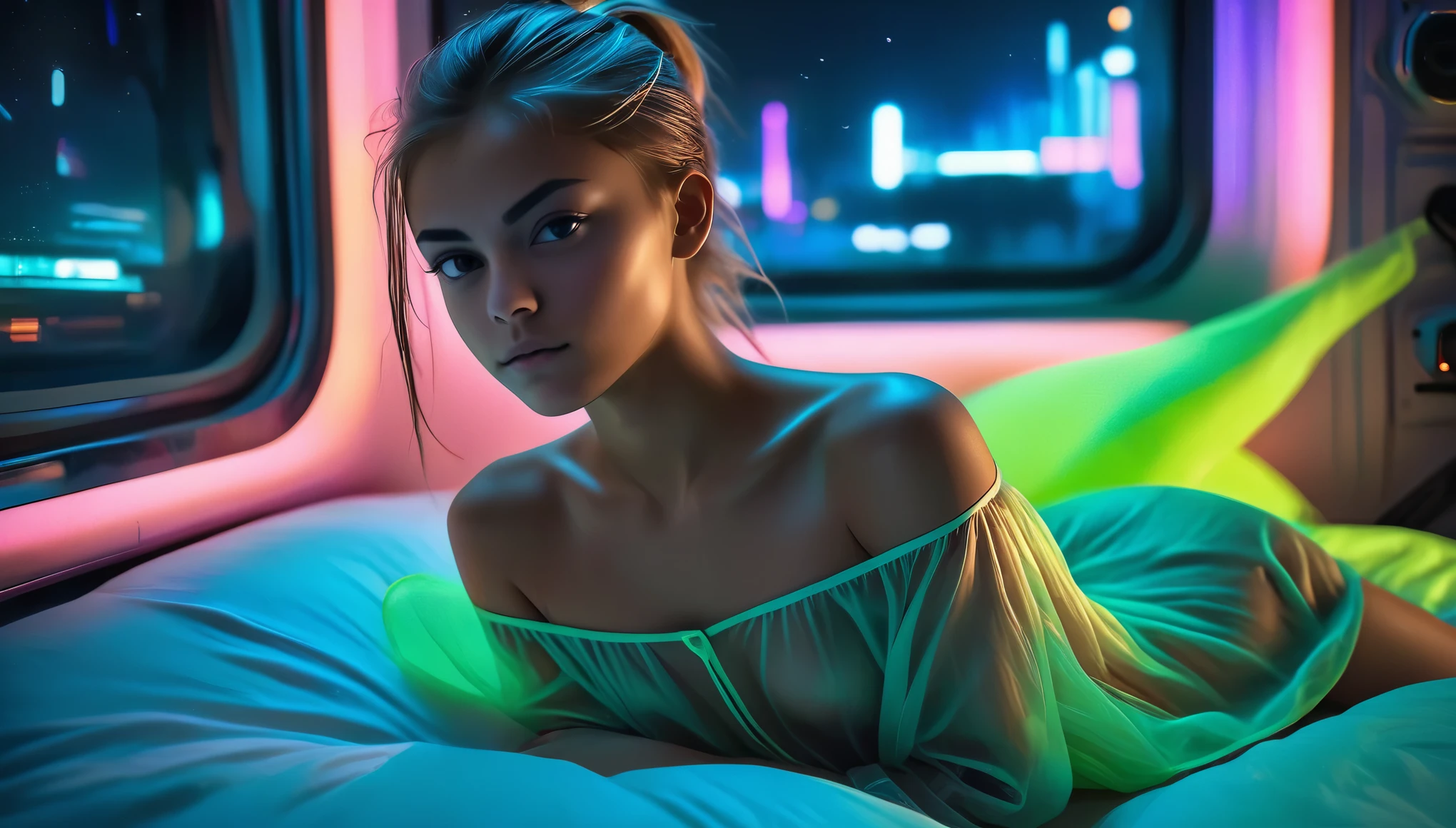 Top Quality, Masterpiece, High Resolution, 8k, wide objective, full body shot, ((skinny cute girl, barely legal, (oversized silky see-through nighty with plunging Neckline, off-shoulder, short sleeves), mediumperky breasts, extremely detailed face, detailed eyes, thin eyebrow, detailed lips, no makeup, long slick ponytail side shaved hair, small hips, (in a spaceship, on a bed), dim light, dramatic and neon colors, futuristic setting, intricate details, at night, random pose, neon colors))