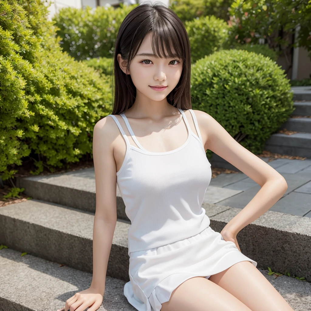A slender 13-year-old Japanese girl wearing a white skort and camisole、They are sitting on the steps of their house　High resolution, masterpiece, accurate, Anatomically correct, Winner of numerous awards, 最高quality, High detail, High-resolution model, 高quality, quality, Very detailed, Textured skin, Ultra high definition, Shortcuts, chest, smile, Cowboy Shot, Barrette, 8k octane, 3D Rendering, 