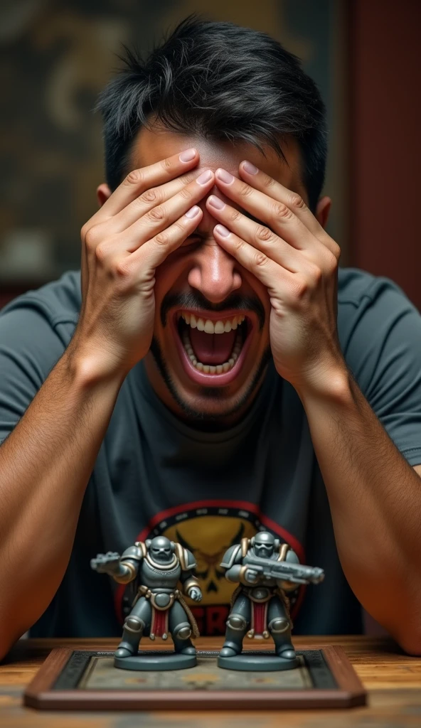 photorealistic, best quality, masterpiece, extremely detailed, front view, extremely handsome, 30 year old indonesian man, round face, muscular build, no facial hair, wearing warhammer tshirt, laughing out loud, throws dice, one hand covers eyes, warhammer space marines and plague marines miniatures mid-game on the table, extremely romantic atmosphere, perfect face, perfect fingers, perfect hands, perfection