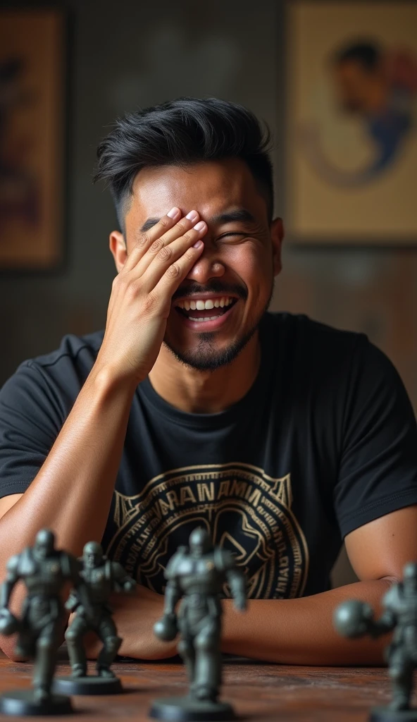 photorealistic, best quality, masterpiece, extremely detailed, front view, extremely handsome, 30 year old indonesian man, round face, muscular build, no facial hair, wearing warhammer tshirt, laughing out loud, throws dice, one hand covers eyes, warhammer space marines and plague marines miniatures mid-game on the table, extremely romantic atmosphere, perfect face, perfect fingers, perfect hands, perfection