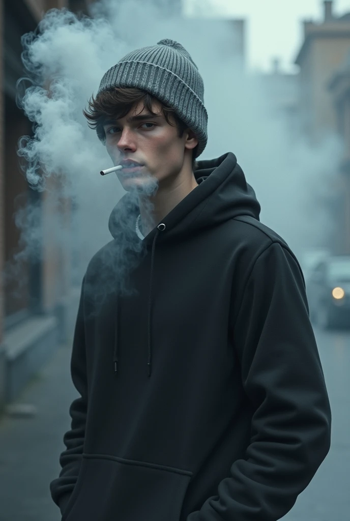 Young man in black sweatshirt, gray winter hat, smoking with a lot of smoke around him