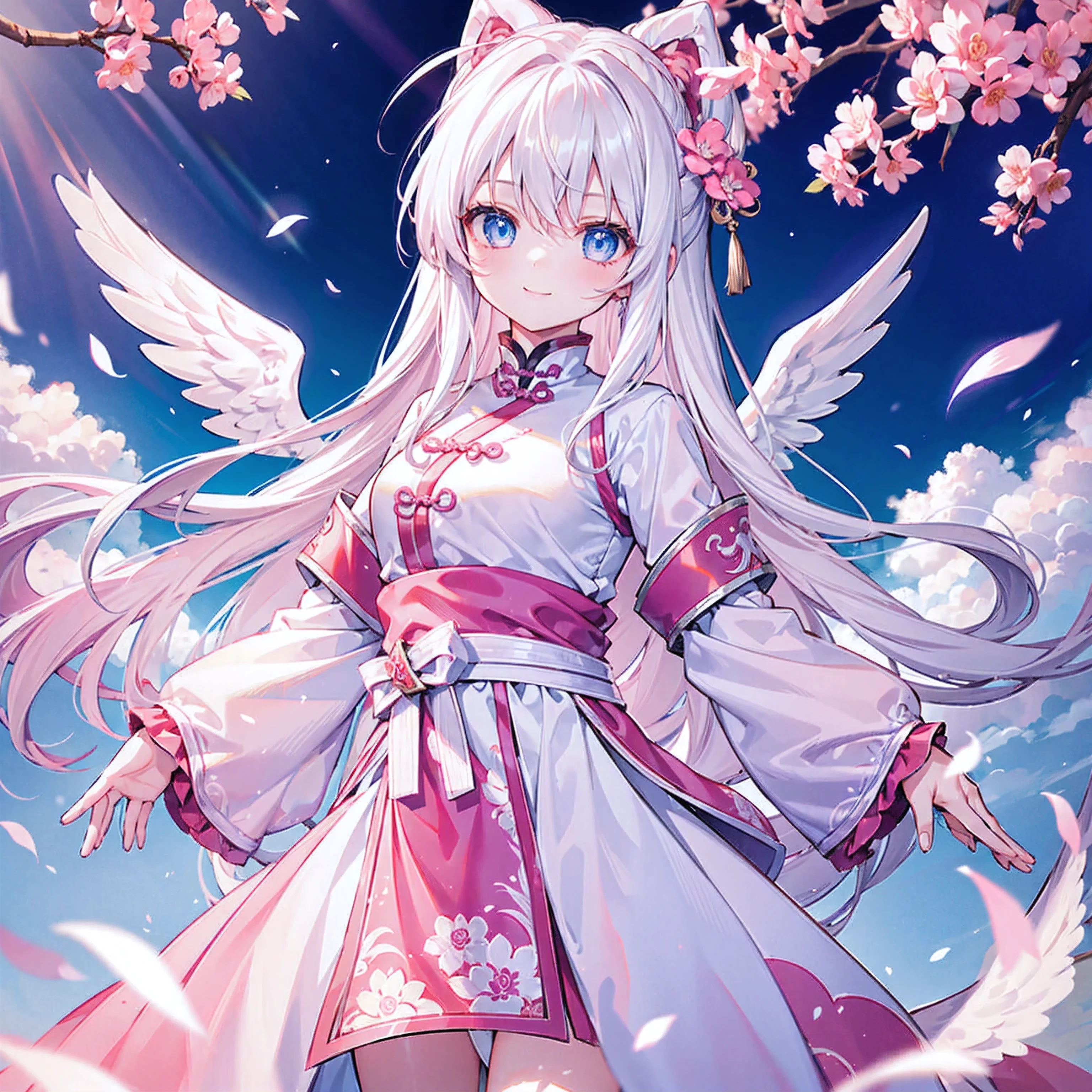 A girl with long white hair and blue eyes、19 years old、Angel wings on the back、Pink china clothes、Kung Fu Pose、Smiling