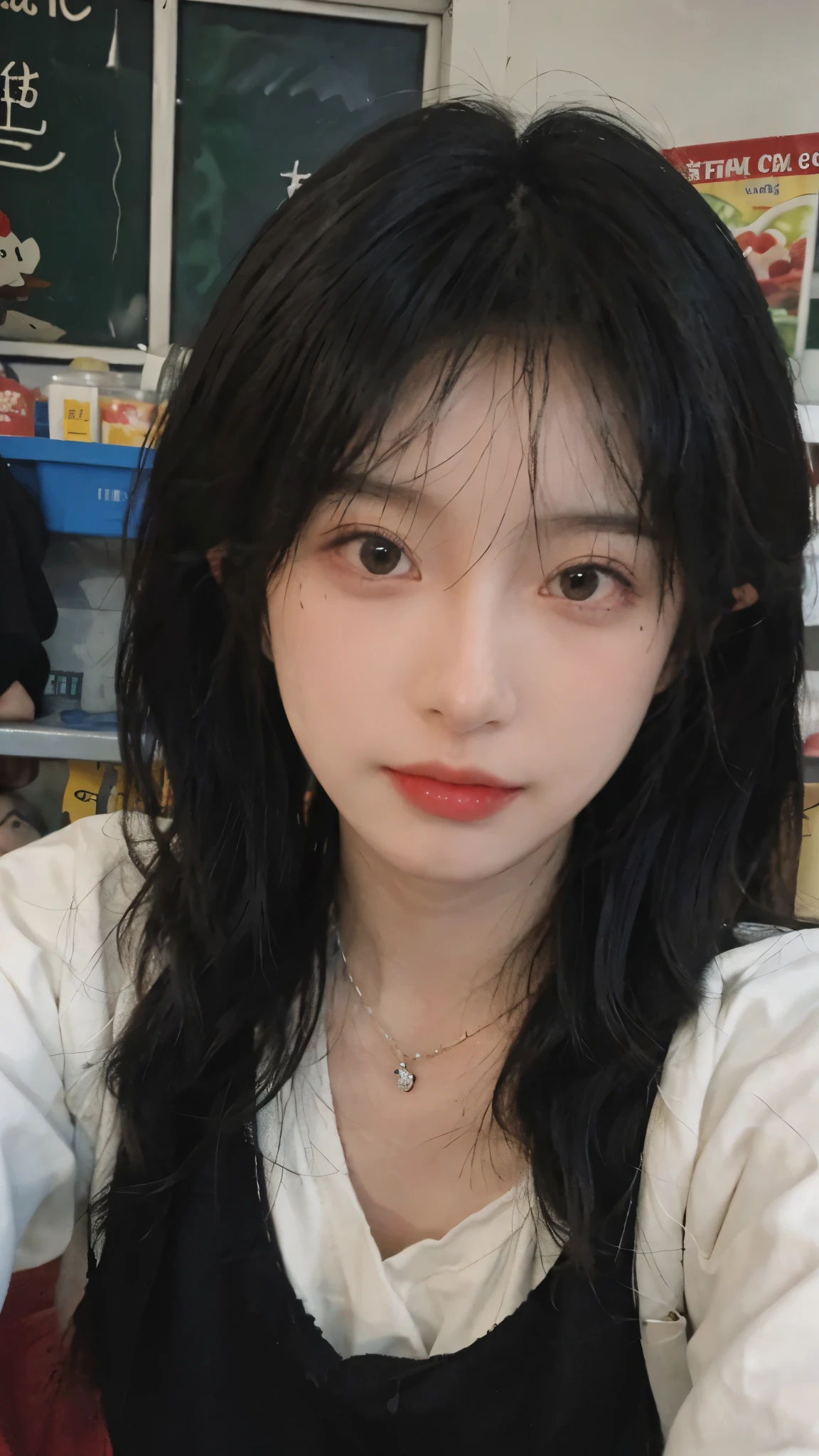 Best quality,Ultra-high resolution,(Realism:1.4),Cute hairpins,girll,Cropped black sweater,Look directly at the audience,Full of atmosphere,Beautiful woman with a slim figure:1.4,supermarket,whole body,Super delicate face,Exquisite eyes,Double eyelids,necklace