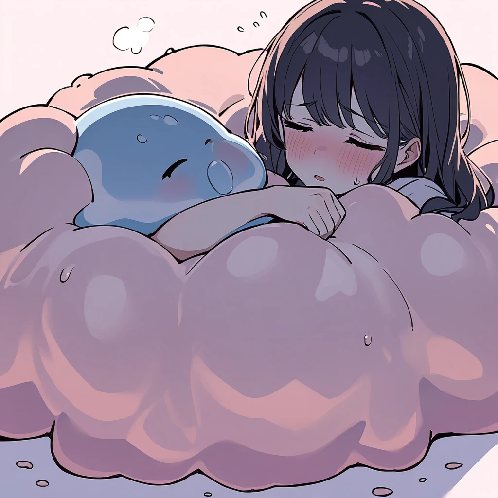 One giant blob of soft sticky slime making a girl's whole body completely stuck inside of itself, squeezing and kneading her whole body violently, the girl feels comfortable and warm but exhausted by it