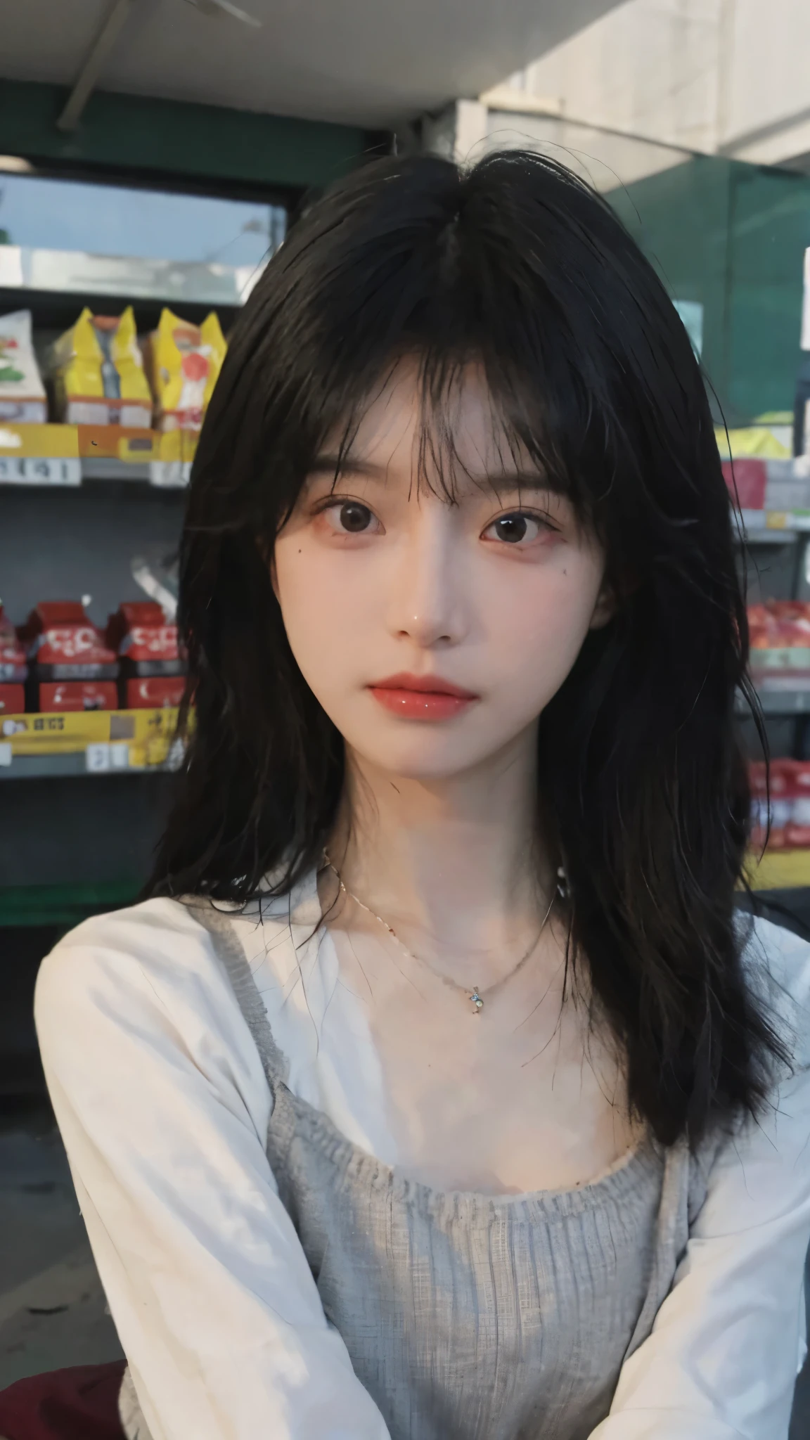 Best quality,Ultra-high resolution,(Realism:1.4),Cute hairpins,girll,Cropped black sweater,Look directly at the audience,Full of atmosphere,Beautiful woman with a slim figure:1.4,supermarket,whole body,Super delicate face,Exquisite eyes,Double eyelids,necklace