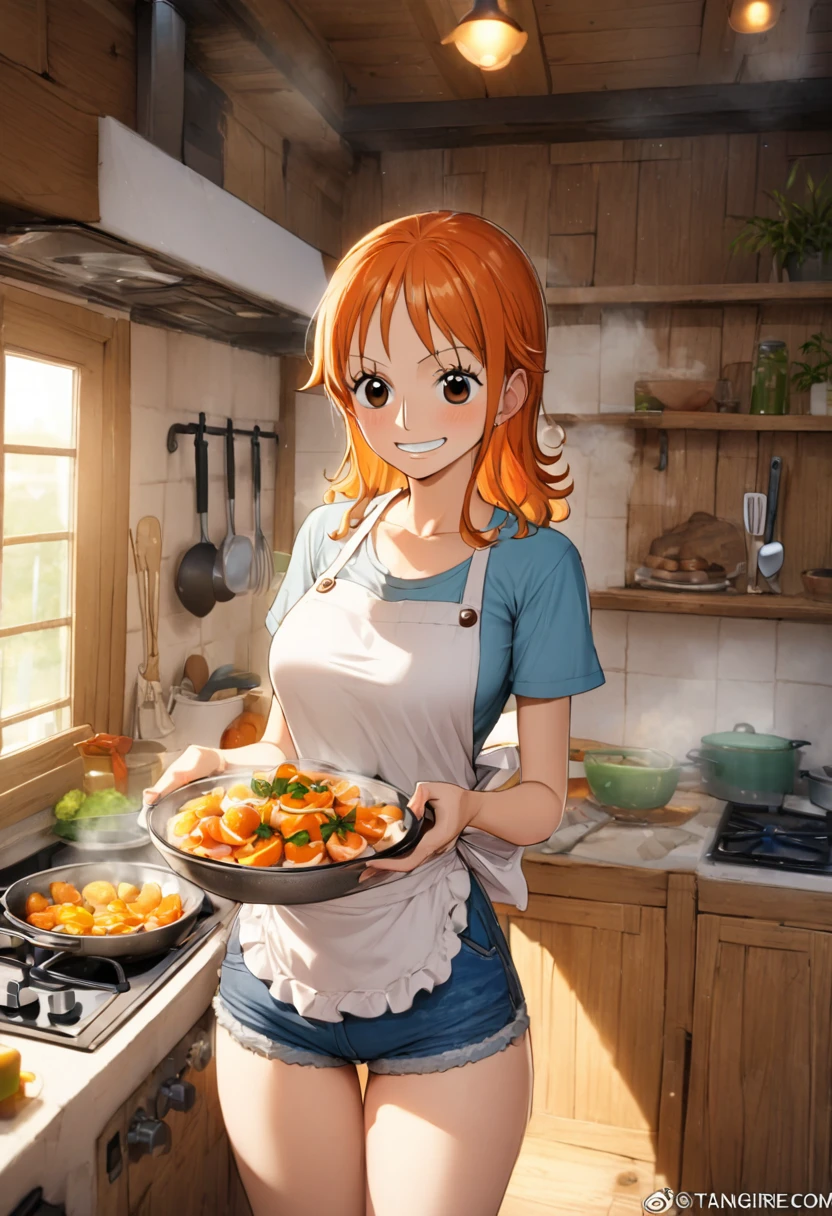 1girl, nami(one piece), one piece, kitchen setting, tangerine-themed dishes, apron, casual loose wear, denim shorts, bare feet, cooking utensils, rural house interior, sunny day through window, steam rising from food, radiant smile, calm expression, warm atmosphere, soft lighting, traditional kitchen elements, tangerine trees visible outside, masterpiece, best quality, absurdres, upper body shot
