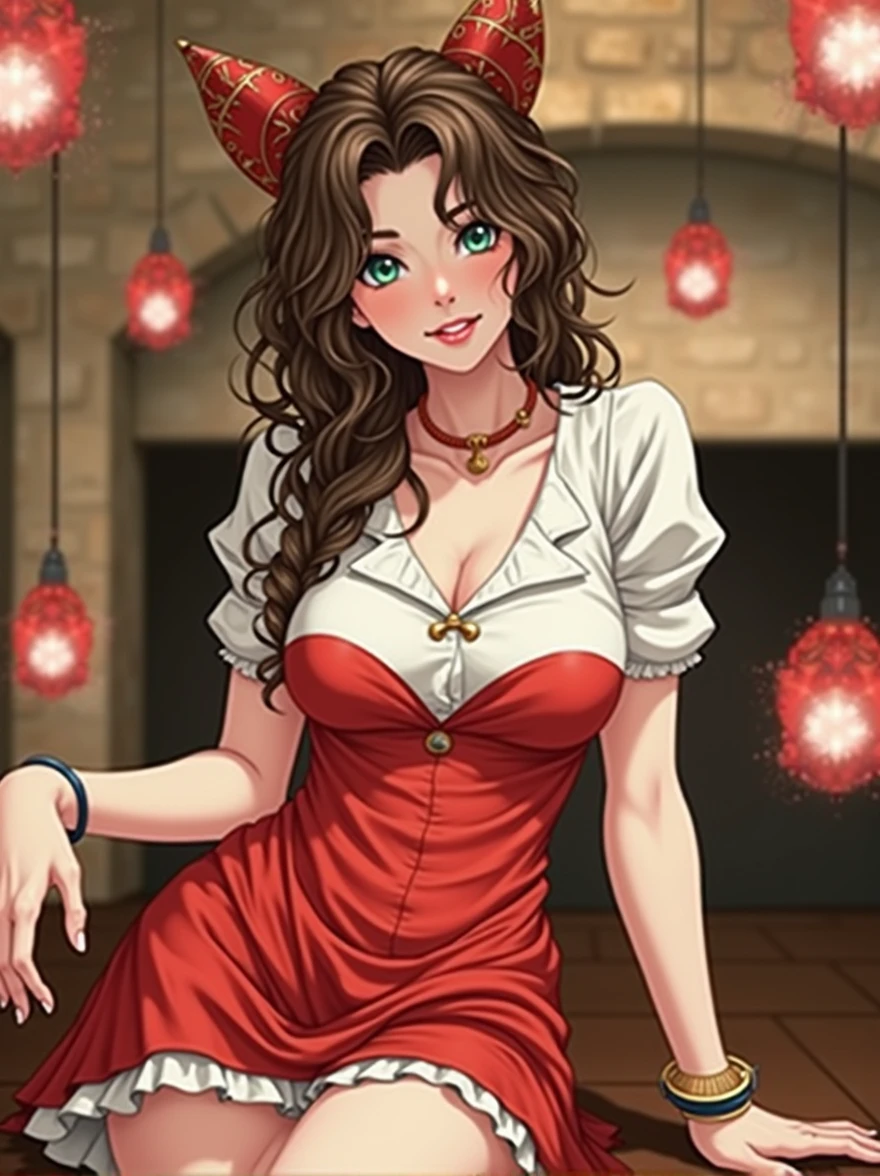 Bidenical skin, Brown wavy hair, green eyes, Middle-aged woman, beauty, Red cheeks, awake, Ancient city in the background, Ancient dressing style, Untidy travel outfit, Show skin on legs, Show skin on hips, Show skin on chest, anime style